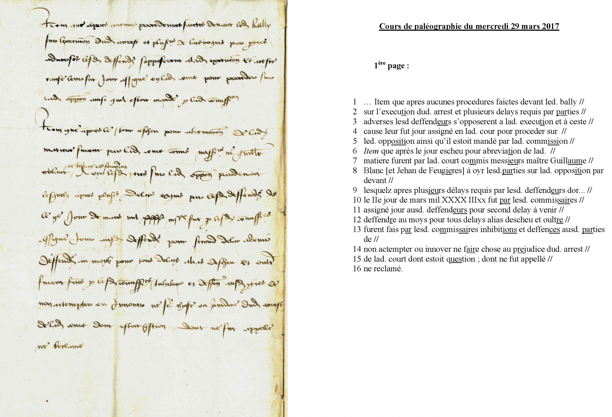 Cours de paléographie du mois de mars 2017 et corrigé