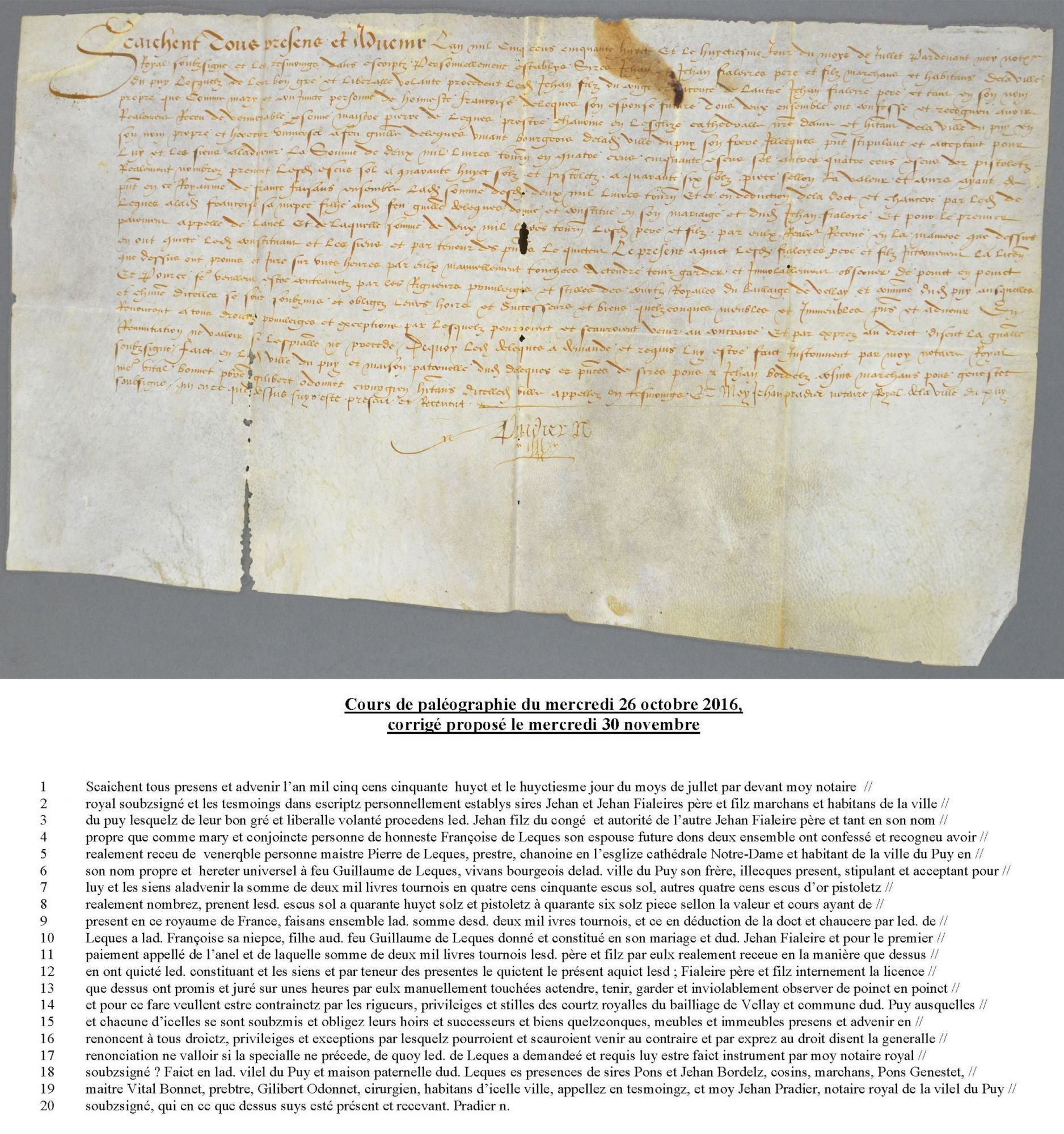 Cours de paléographie du mois d'octobre 2016 et corrigé