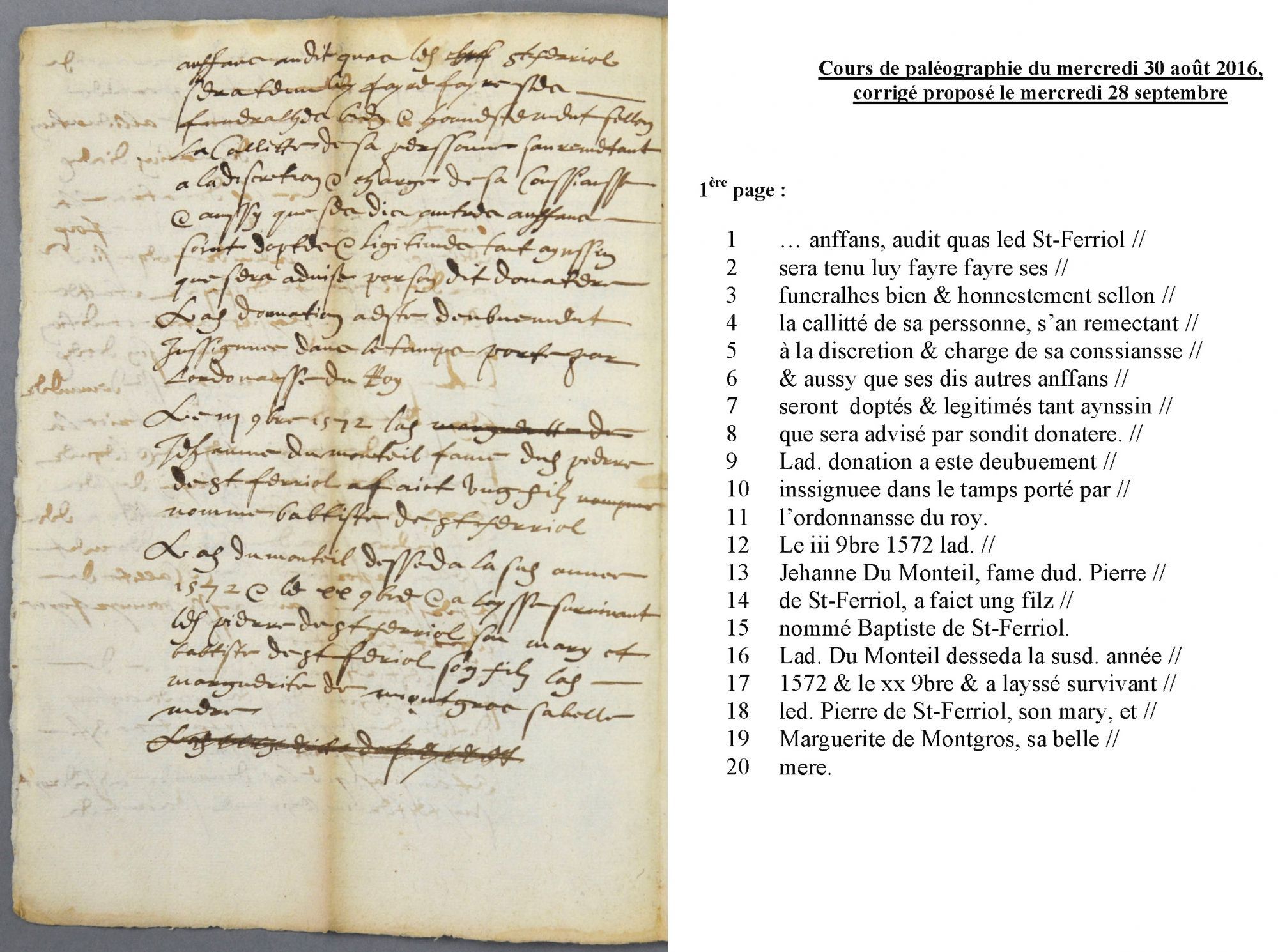 Cours de paléographie du mois d'août 2016 et corrigé