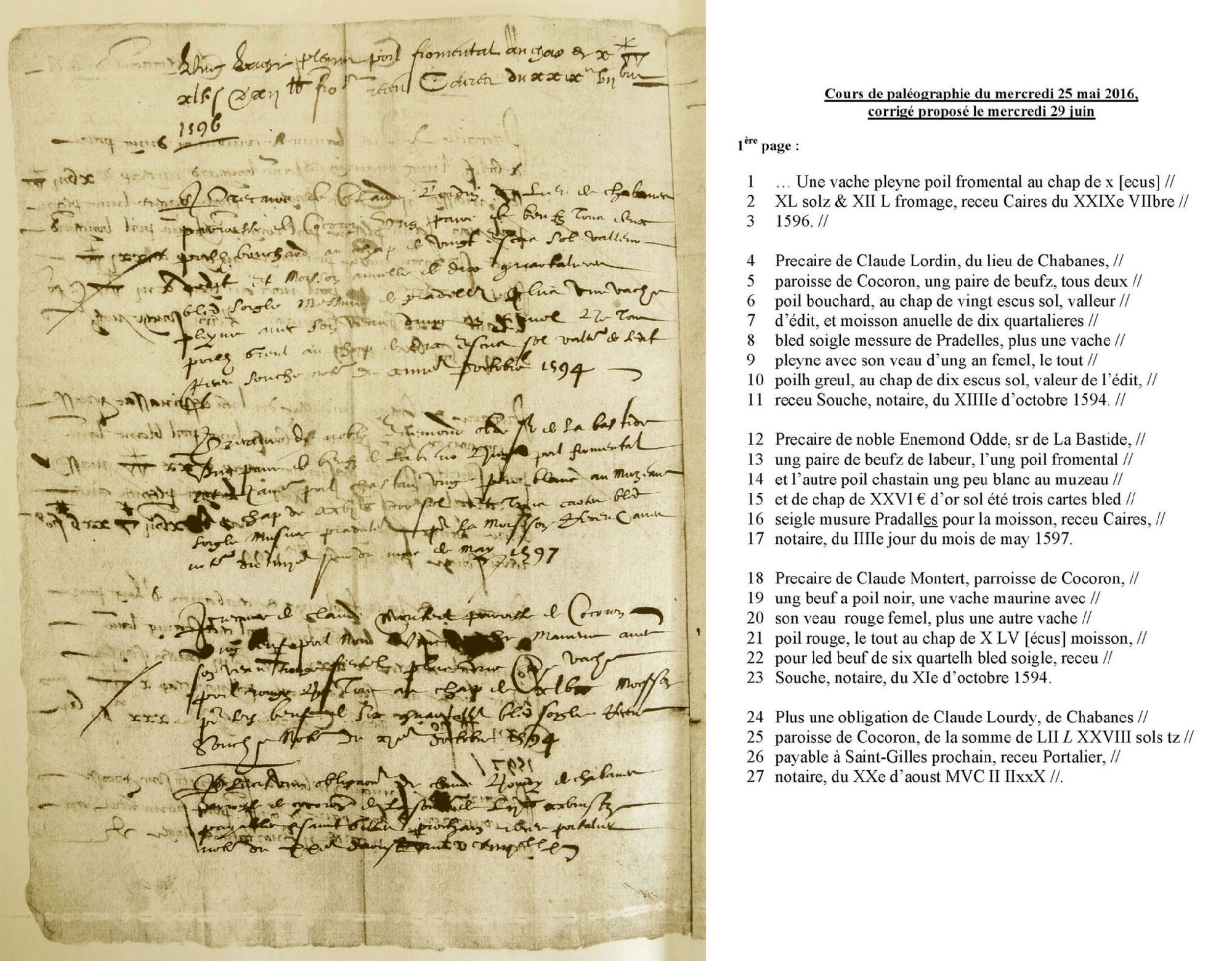 Cours de paléographie du mois de mai 2016 et corrigé
