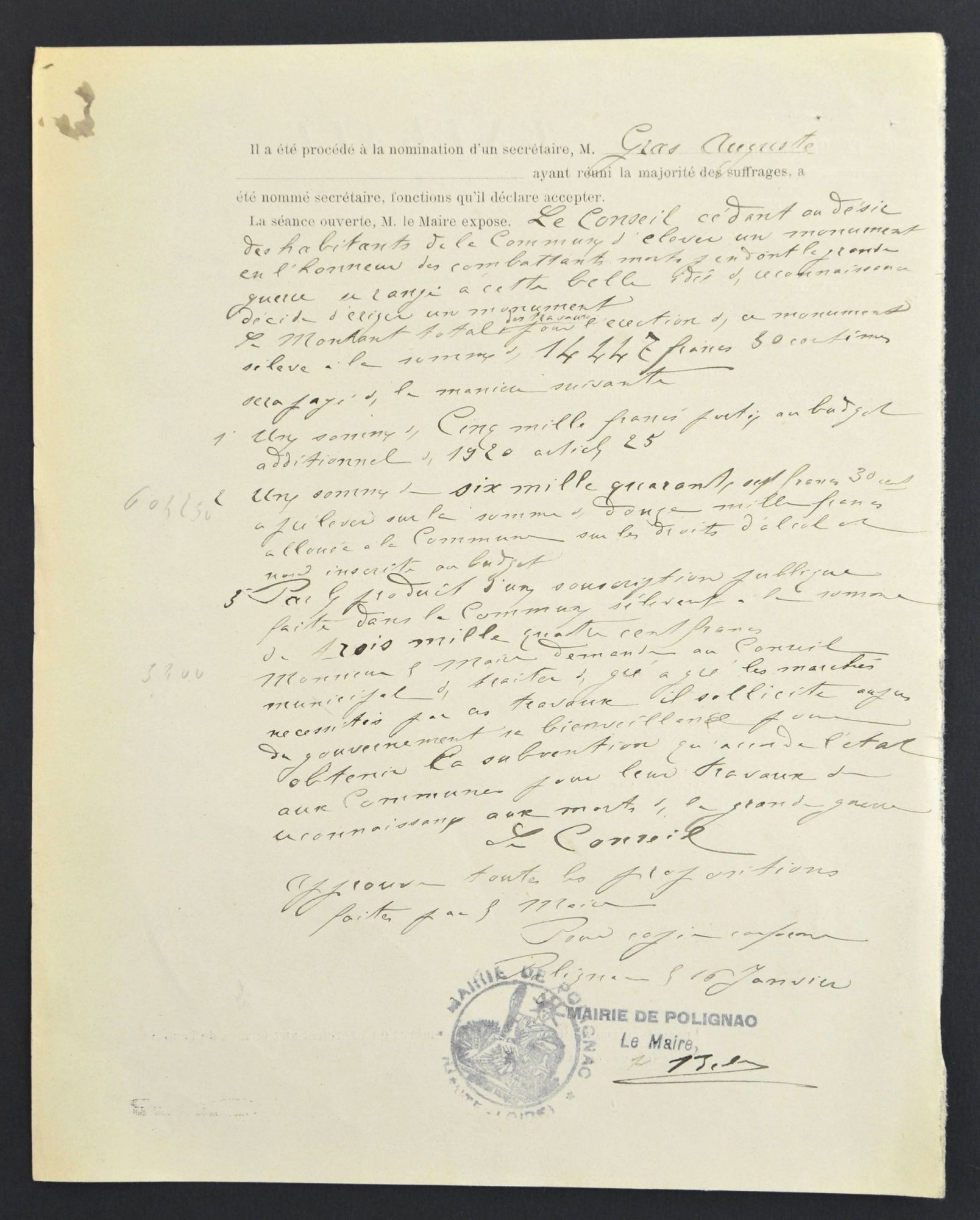 Archives départementales de la Haute-Loire. Monument aux morts de la commune de Polignac, extrait du registre des délibérations du conseil municipal de Polignac, verso, 16 janvier 1921, recto (152 O IV-1). 