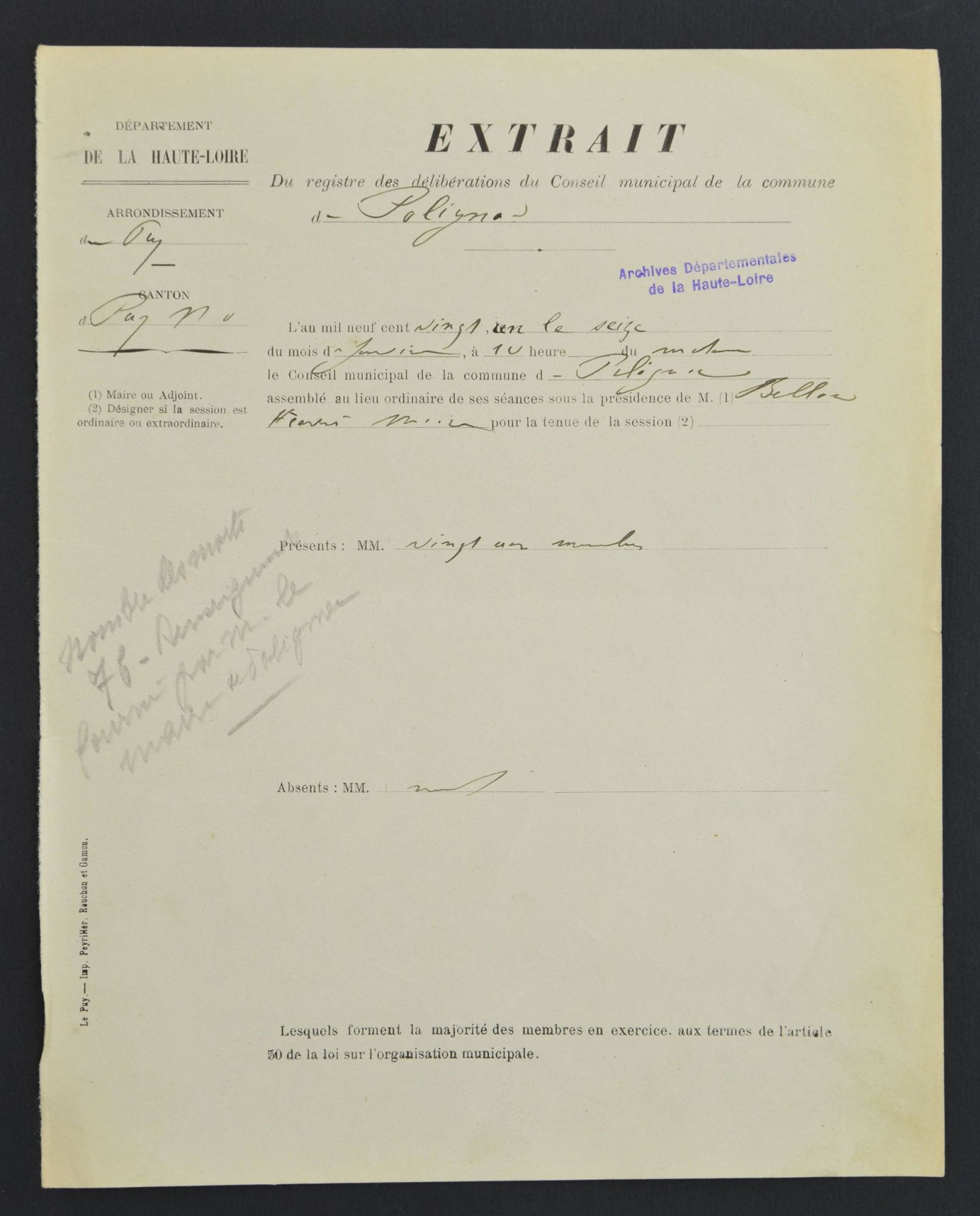 Archives départementales de la Haute-Loire. Monument aux morts de la commune de Polignac, extrait du registre des délibérations du conseil municipal de Polignac, 16 janvier 1921, recto (152 O IV-1).