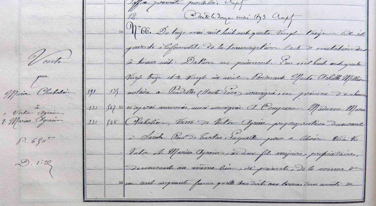 Registre des transcriptions, volume 1187, article 66 (4 Q 6455).