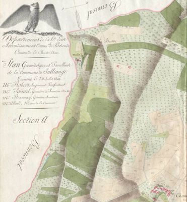 Archives départementales de la Haute-Loire. Atlas cadastraux cantonaux (Jullianges, plan de la section A-subdivision A, 19 Fi 12/3-SAa, détail).