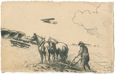 Archives départementales de la Haute-Loire. Fonds Louis Vassel, "Camp d'aviation de l'escadrille. Avril 1917", dessin original sur carte postale (3 NUM 204/5-1).