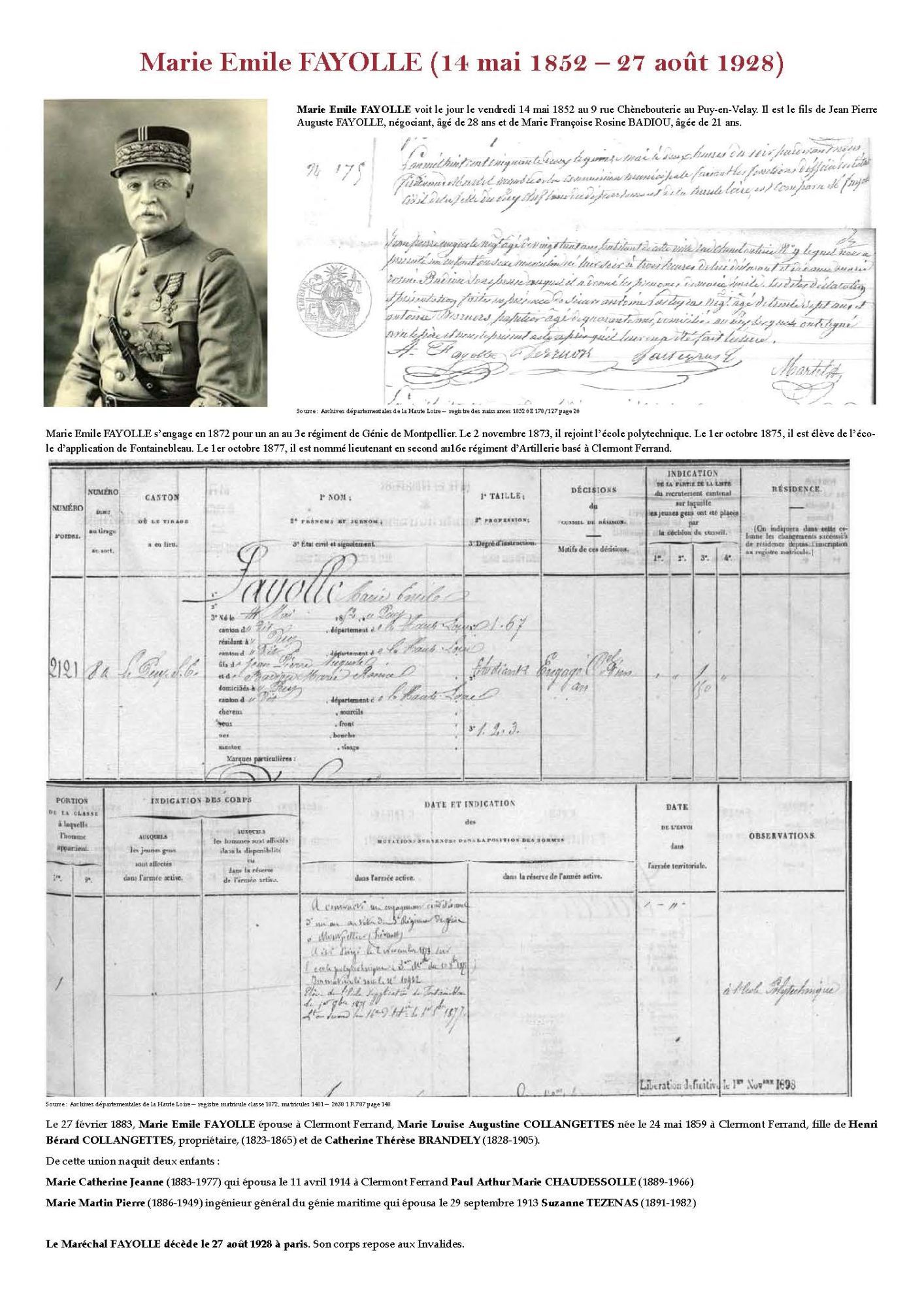 Marie Émile Fayolle, éléments biographiques et généalogiques (arbre avec ascendance)