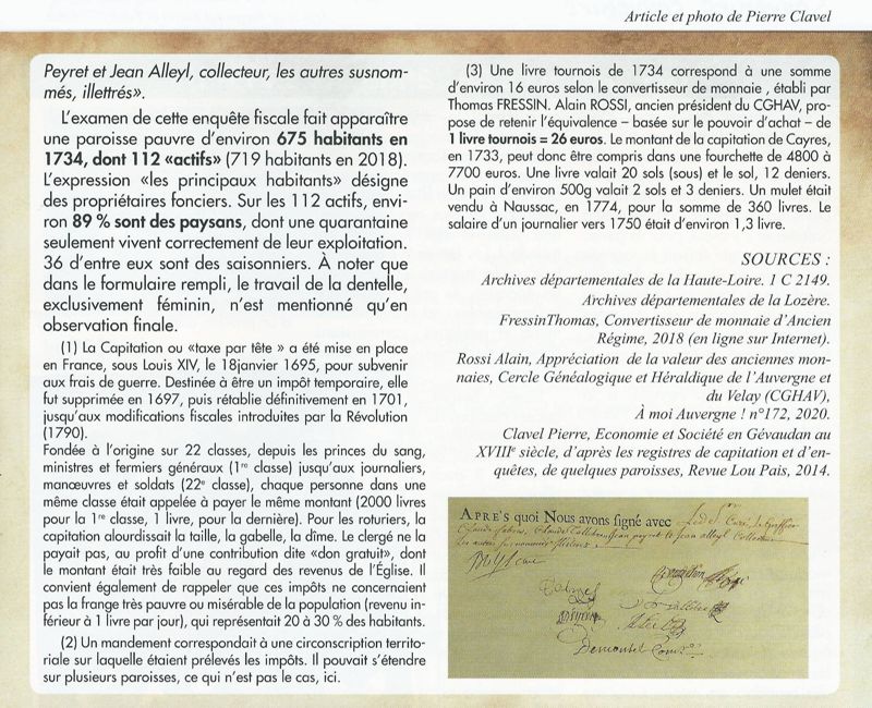 Archives départementales de la Haute-Loire. Ouvrage "Cayres : la capitation au XVIIIe siècle", Pierre Clavel (DL 382).