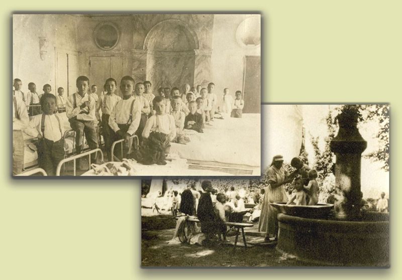 Les enfants se baignent dans la fontaine du château, 1918 ; le grand salon transformé en dortoir, 1916-1918 (photographies, 233 J 151)