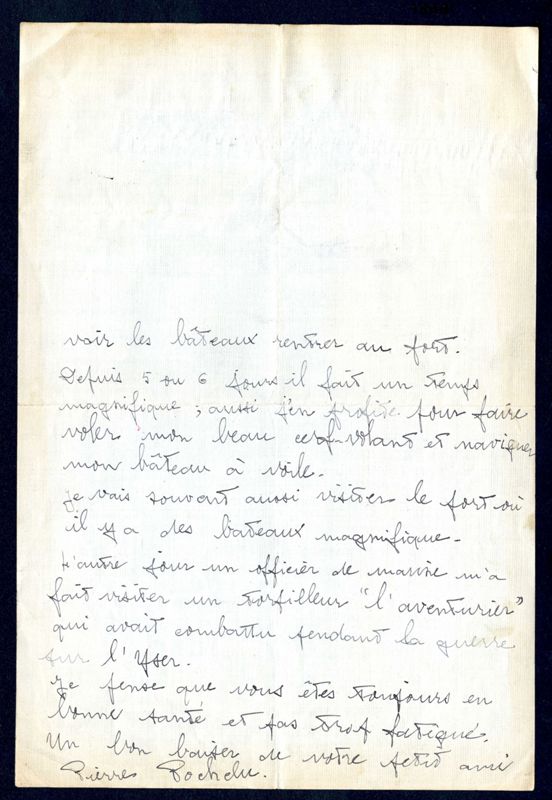 Lettre de Pierre Pochelu, ancien pensionnaire du Préventorium, à Marie-Louise Le Verrier, Malo-les-Bains, XXe s. Verso. (233 J 148)