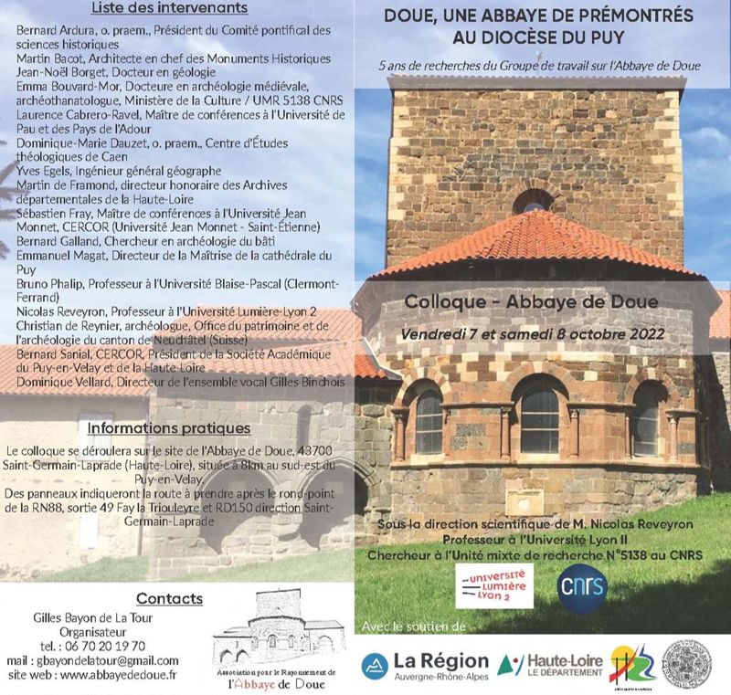 Colloque "Doue, Une abaye de Prémontrés au Diocèse du Puy", à l'Abbaye de Doue, du 7 au 9 octobre 2022.