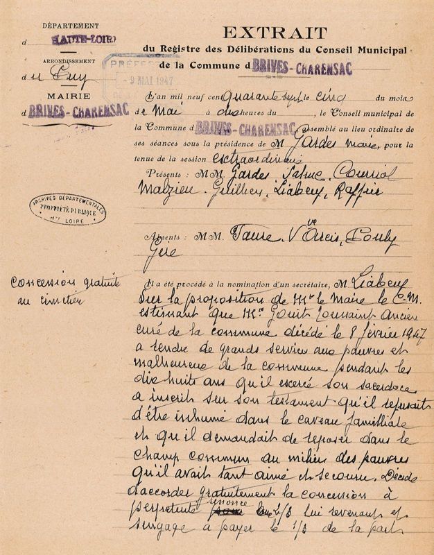 Extrait du registre des délibérations du conseil municipal de la commune de Brives-Charensac, session extraordinaire du 5 mai 1947 (41 O 8)