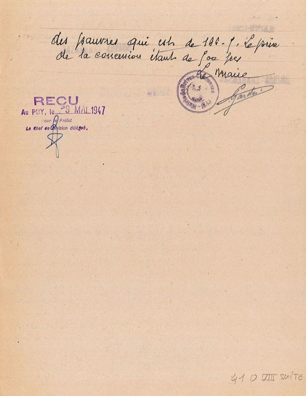 Extrait du registre des délibérations du conseil municipal de la commune de Brives-Charensac, verso, session extraordinaire du 5 mai 1947 (41 O 8)