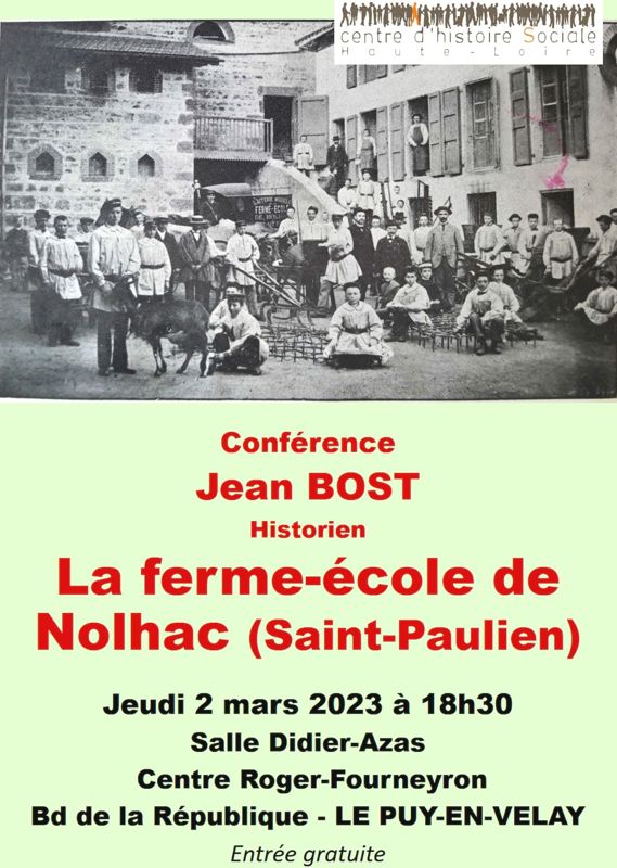Affiche de la conférence "La ferme-école de Nolhac (Saint-Paulien)", de Jean Bost