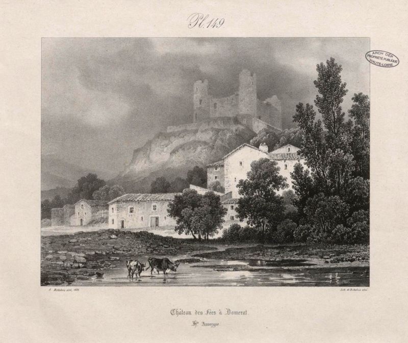 Domeyrat. Château des fées à Domerat dessin et lithographie de Bichebois, 1832, pl. 149-37, dimensions : 5x33 cm. 1832. (Arch. dép. Haute-Loire, 5 FI DOMEYRAT 1)