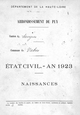 Page de garde des actes de naissances de l'année 1923 de la commune de Vabres (1925 W 977)