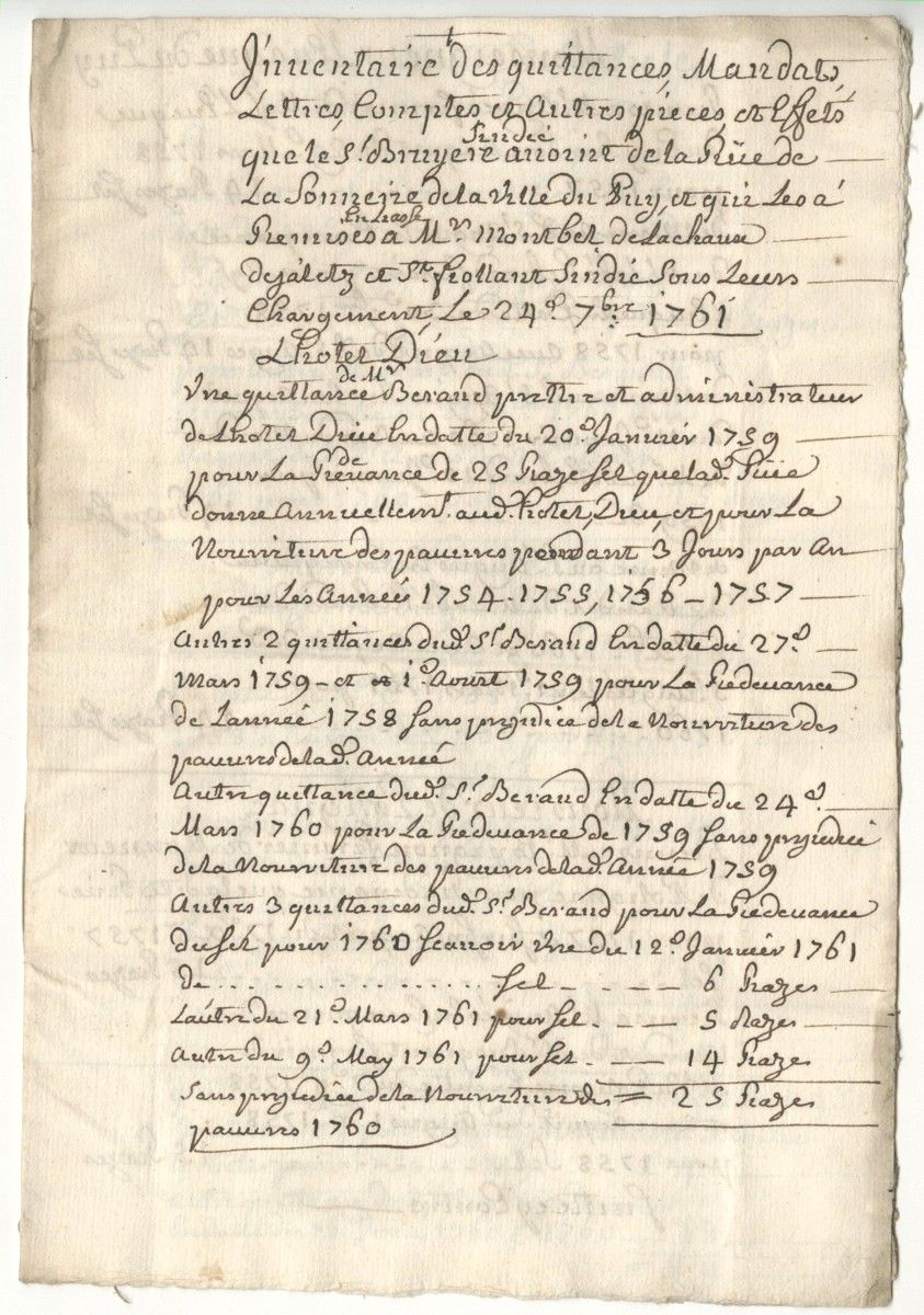 Inventaire des titre des sauniers du Puy, détail (1ère page), 24 septembre 1761 (Arch. dép. Haute-Loire, 4 E 15)